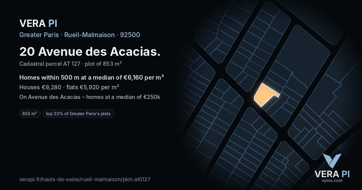 20 Avenue des Acacias, Rueil-Malmaison at night – the plot lit, the parcels around coloured by the prices near them