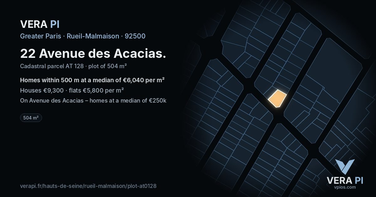 22 Avenue des Acacias, Rueil-Malmaison at night – the plot lit, the parcels around coloured by the prices near them