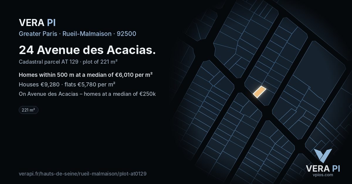 24 Avenue des Acacias, Rueil-Malmaison at night – the plot lit, the parcels around coloured by the prices near them