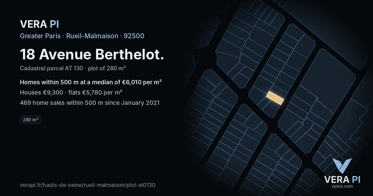 18 Avenue Berthelot, Rueil-Malmaison at night – the plot lit, the parcels around coloured by the prices near them
