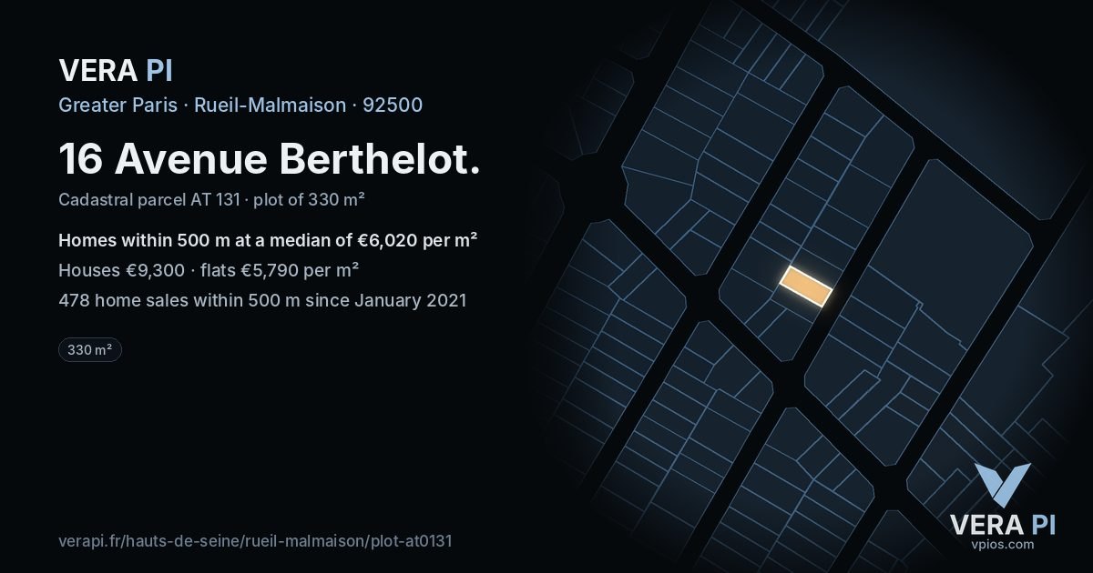 16 Avenue Berthelot, Rueil-Malmaison at night – the plot lit, the parcels around coloured by the prices near them
