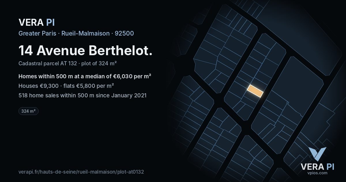 14 Avenue Berthelot, Rueil-Malmaison at night – the plot lit, the parcels around coloured by the prices near them