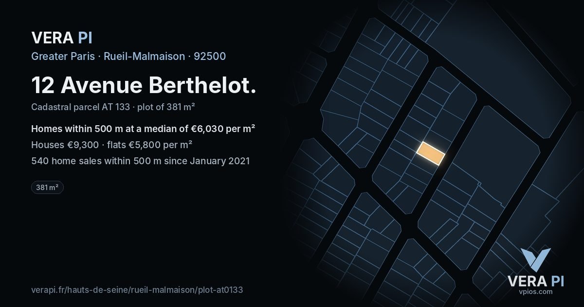 12 Avenue Berthelot, Rueil-Malmaison at night – the plot lit, the parcels around coloured by the prices near them