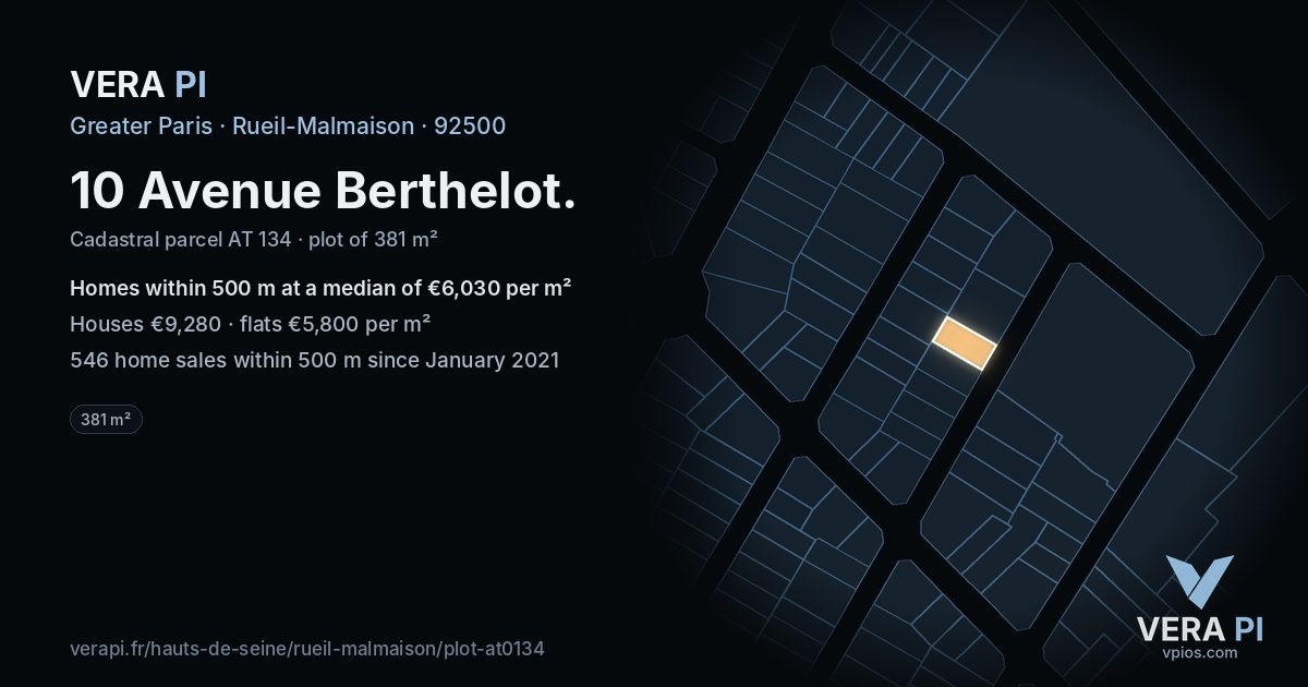 10 Avenue Berthelot, Rueil-Malmaison at night – the plot lit, the parcels around coloured by the prices near them