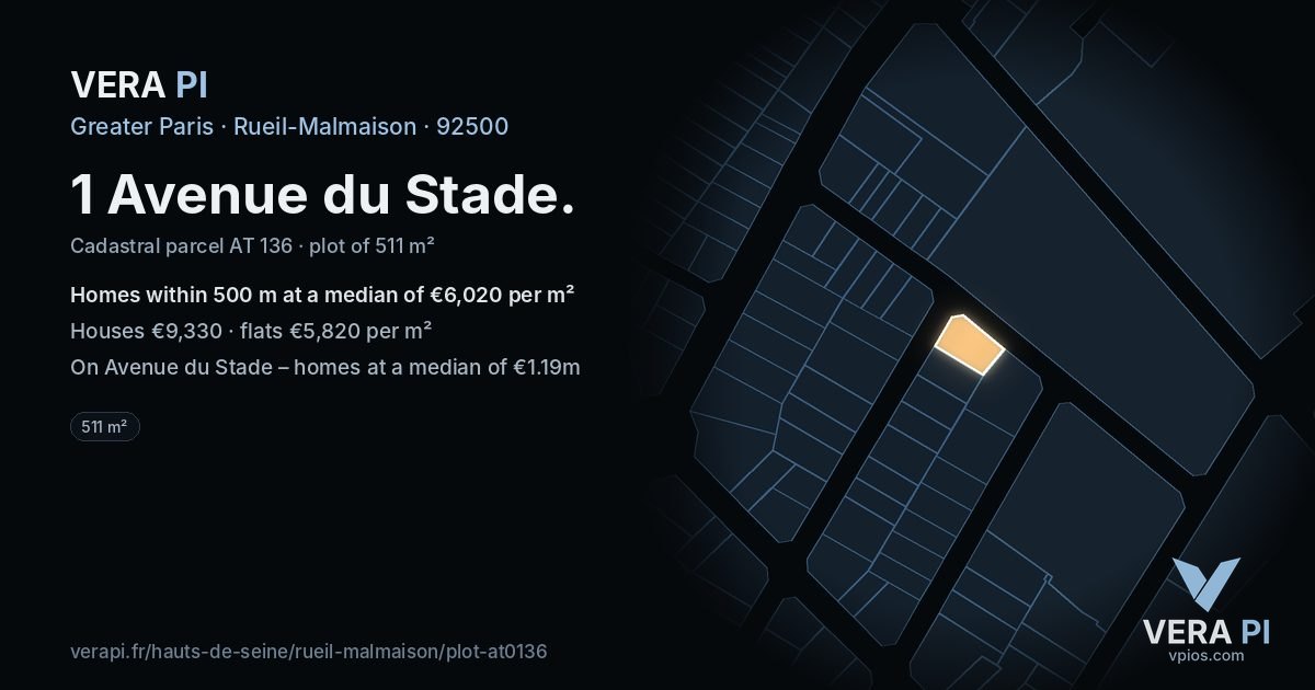 1 Avenue du Stade, Rueil-Malmaison at night – the plot lit, the parcels around coloured by the prices near them