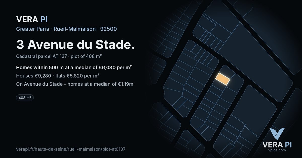 3 Avenue du Stade, Rueil-Malmaison at night – the plot lit, the parcels around coloured by the prices near them