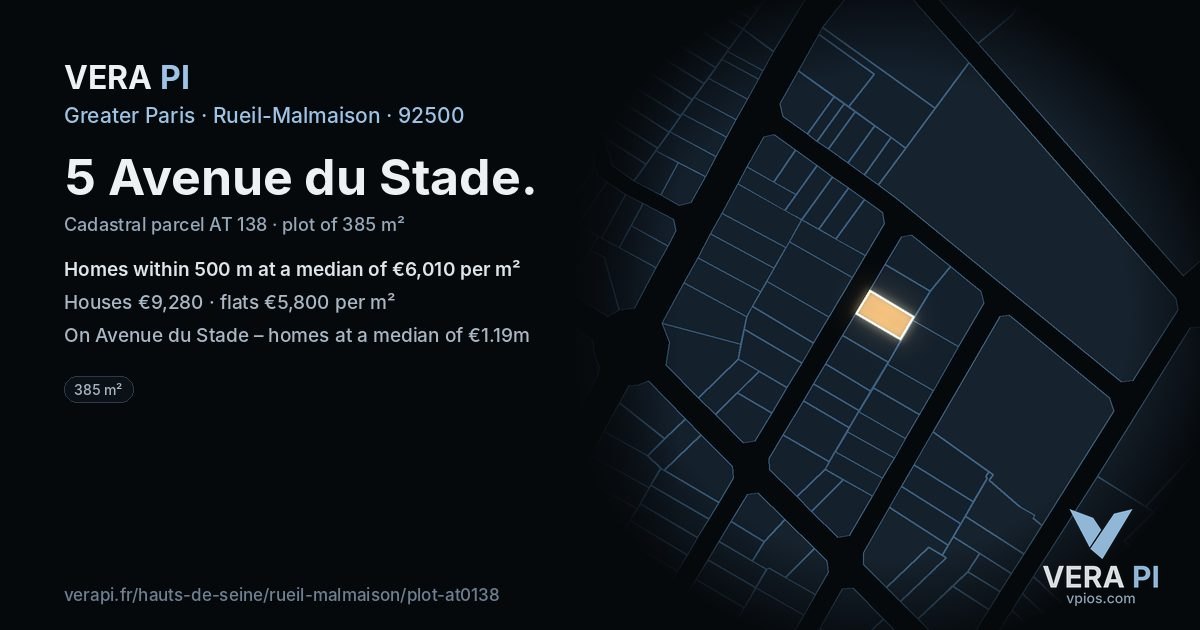 5 Avenue du Stade, Rueil-Malmaison at night – the plot lit, the parcels around coloured by the prices near them
