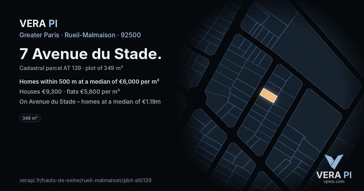 7 Avenue du Stade, Rueil-Malmaison at night – the plot lit, the parcels around coloured by the prices near them