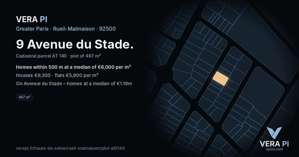 9 Avenue du Stade, Rueil-Malmaison at night – the plot lit, the parcels around coloured by the prices near them