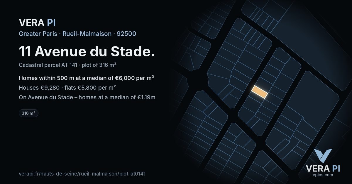 11 Avenue du Stade, Rueil-Malmaison at night – the plot lit, the parcels around coloured by the prices near them