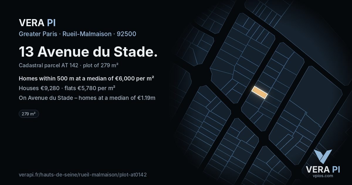13 Avenue du Stade, Rueil-Malmaison at night – the plot lit, the parcels around coloured by the prices near them