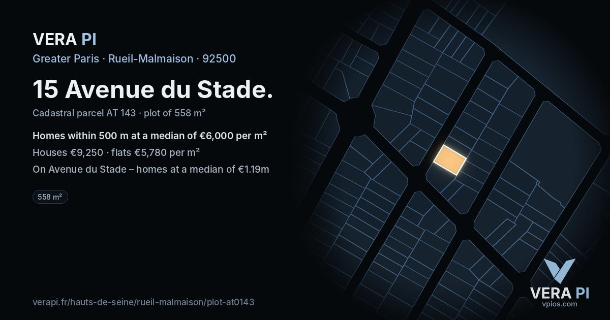 15 Avenue du Stade, Rueil-Malmaison at night – the plot lit, the parcels around coloured by the prices near them