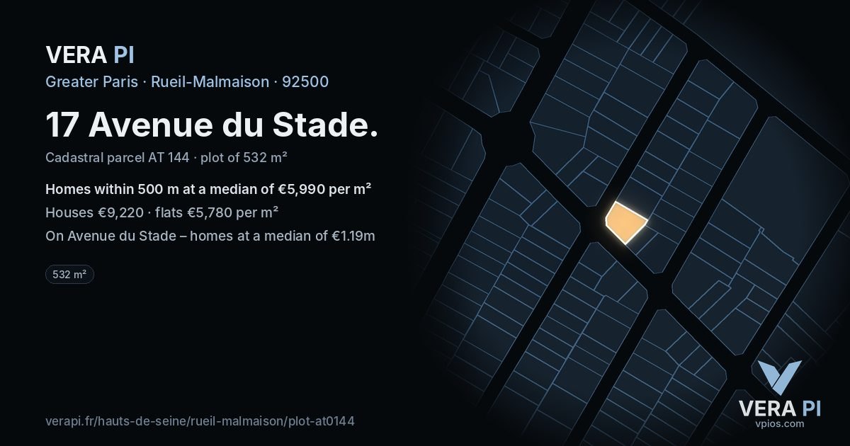 17 Avenue du Stade, Rueil-Malmaison at night – the plot lit, the parcels around coloured by the prices near them