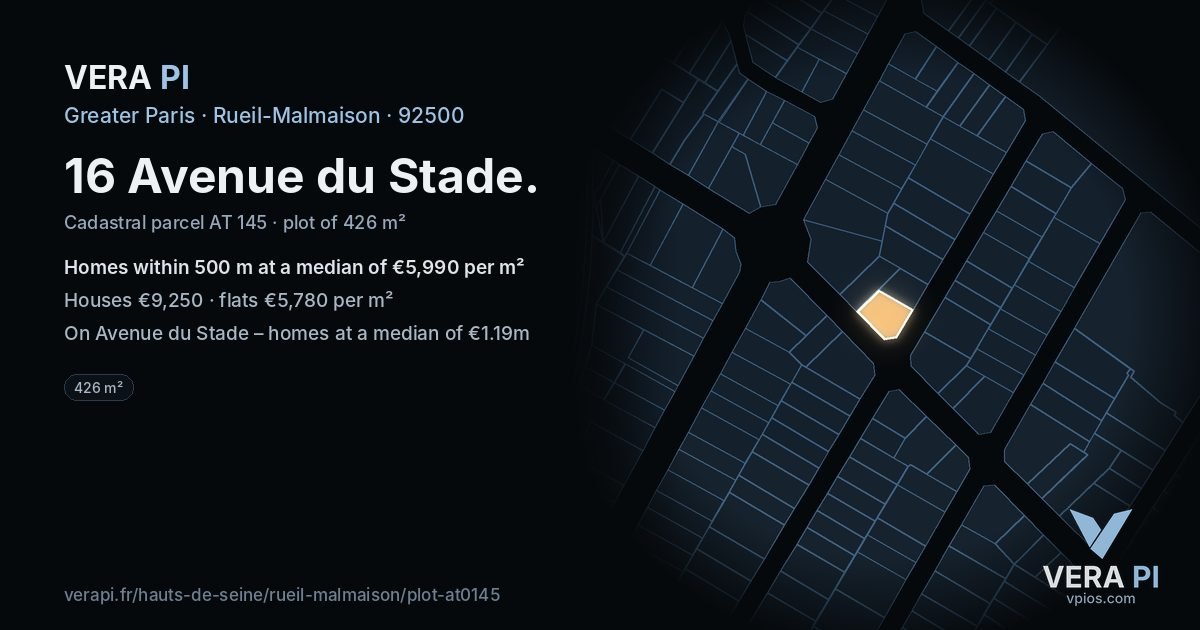 16 Avenue du Stade, Rueil-Malmaison at night – the plot lit, the parcels around coloured by the prices near them