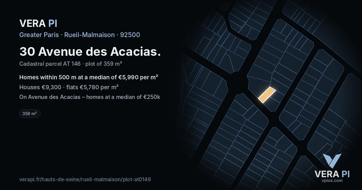 30 Avenue des Acacias, Rueil-Malmaison at night – the plot lit, the parcels around coloured by the prices near them
