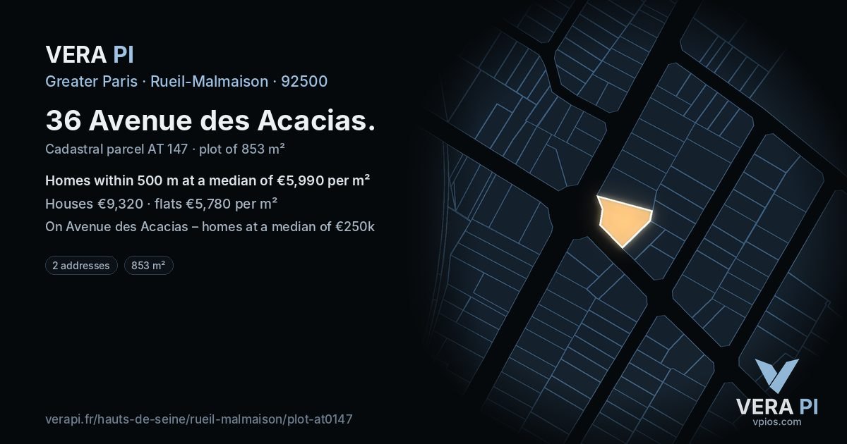 36 Avenue des Acacias, Rueil-Malmaison at night – the plot lit, the parcels around coloured by the prices near them