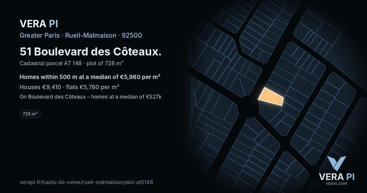 51 Boulevard des Côteaux, Rueil-Malmaison at night – the plot lit, the parcels around coloured by the prices near them