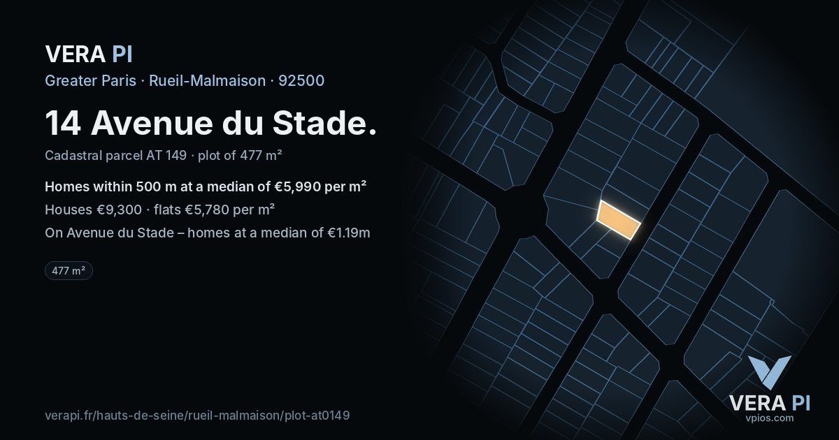 14 Avenue du Stade, Rueil-Malmaison at night – the plot lit, the parcels around coloured by the prices near them