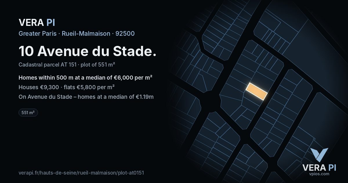 10 Avenue du Stade, Rueil-Malmaison at night – the plot lit, the parcels around coloured by the prices near them