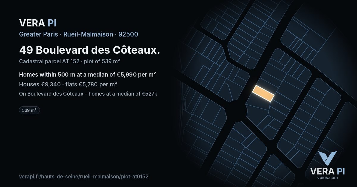 49 Boulevard des Côteaux, Rueil-Malmaison at night – the plot lit, the parcels around coloured by the prices near them