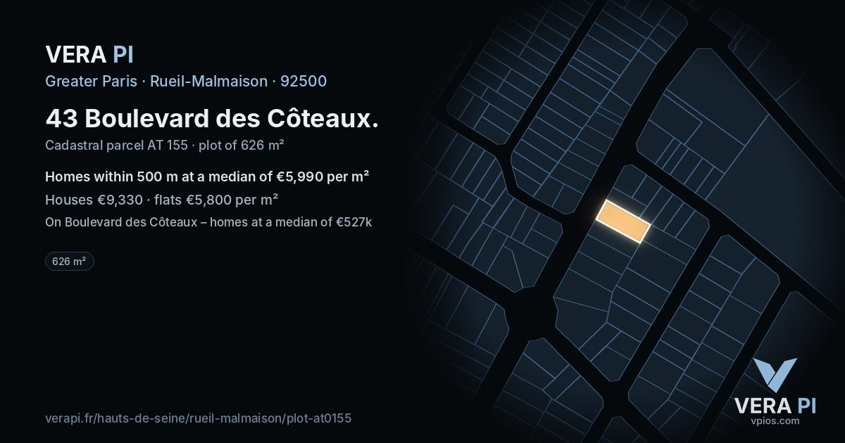 43 Boulevard des Côteaux, Rueil-Malmaison at night – the plot lit, the parcels around coloured by the prices near them