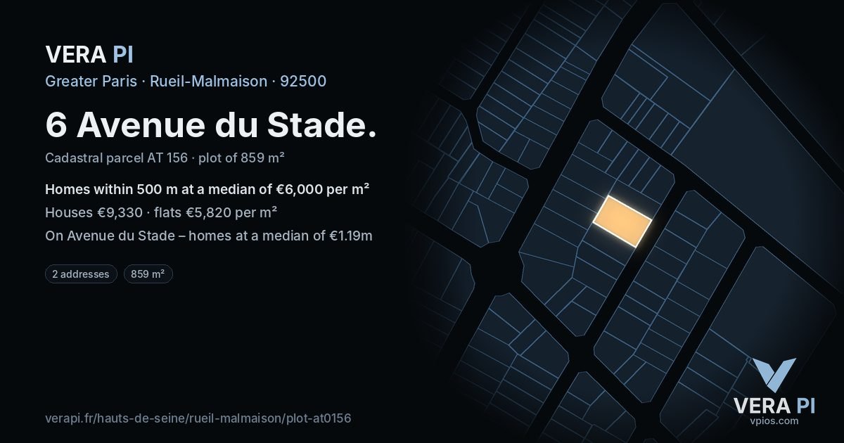 6 Avenue du Stade, Rueil-Malmaison at night – the plot lit, the parcels around coloured by the prices near them