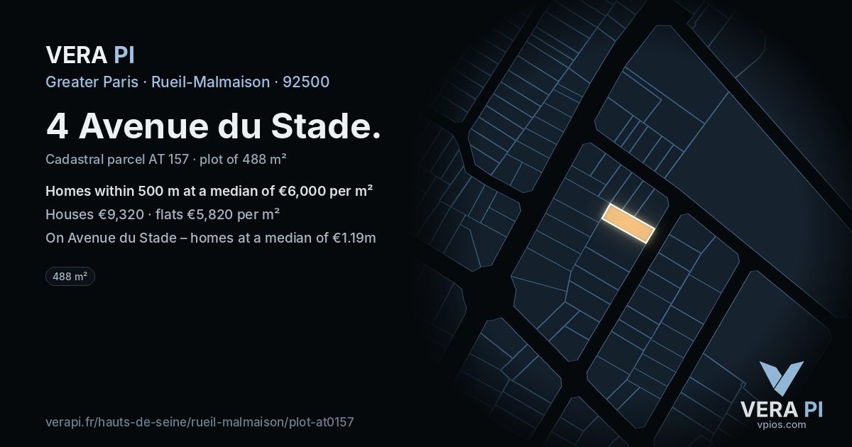 4 Avenue du Stade, Rueil-Malmaison at night – the plot lit, the parcels around coloured by the prices near them