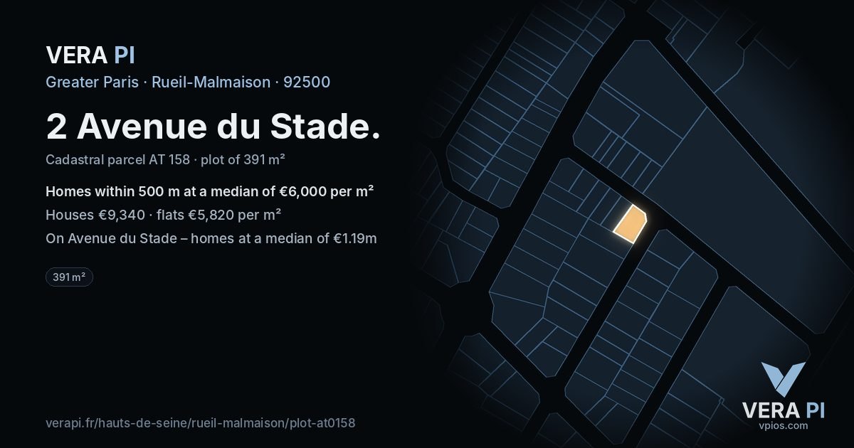 2 Avenue du Stade, Rueil-Malmaison at night – the plot lit, the parcels around coloured by the prices near them