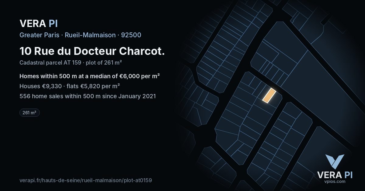 10 Rue du Docteur Charcot, Rueil-Malmaison at night – the plot lit, the parcels around coloured by the prices near them
