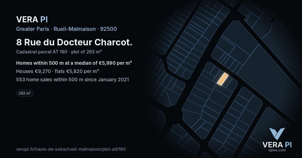 8 Rue du Docteur Charcot, Rueil-Malmaison at night – the plot lit, the parcels around coloured by the prices near them