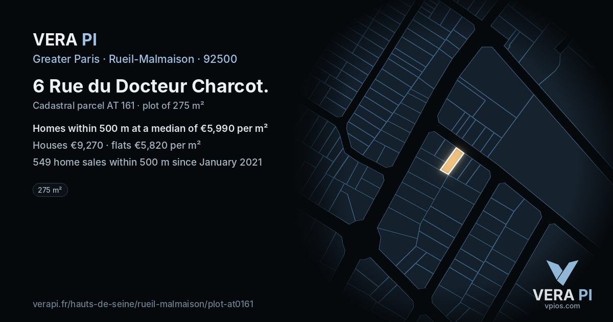 6 Rue du Docteur Charcot, Rueil-Malmaison at night – the plot lit, the parcels around coloured by the prices near them