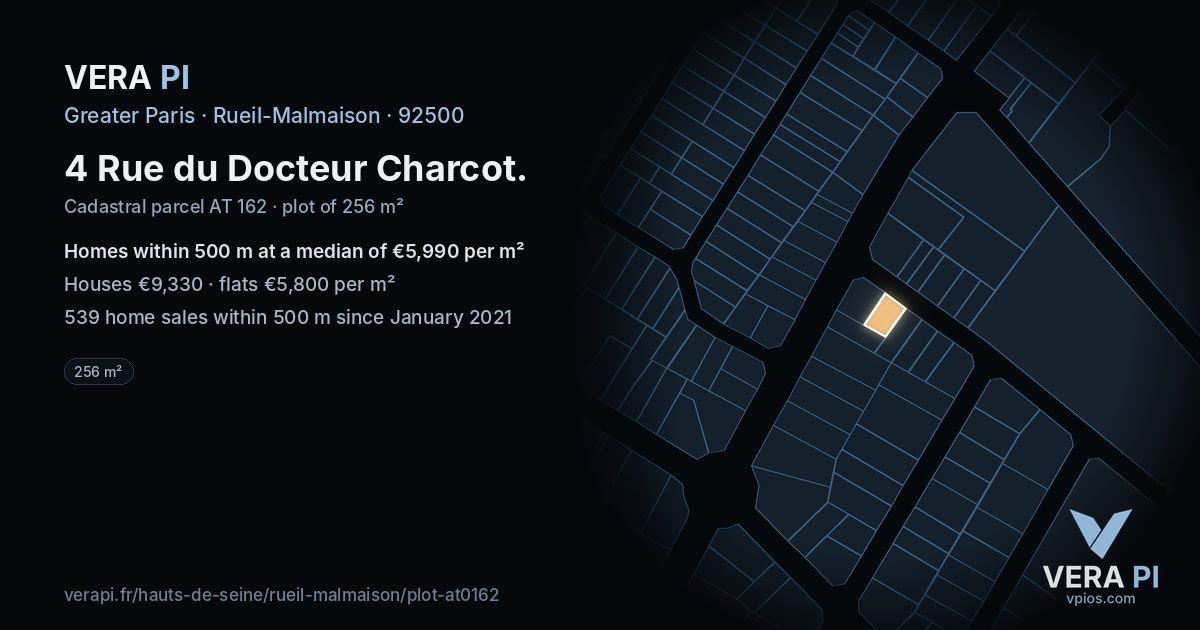 4 Rue du Docteur Charcot, Rueil-Malmaison at night – the plot lit, the parcels around coloured by the prices near them