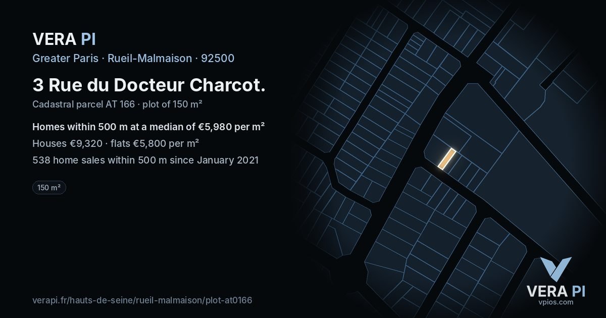 3 Rue du Docteur Charcot, Rueil-Malmaison at night – the plot lit, the parcels around coloured by the prices near them