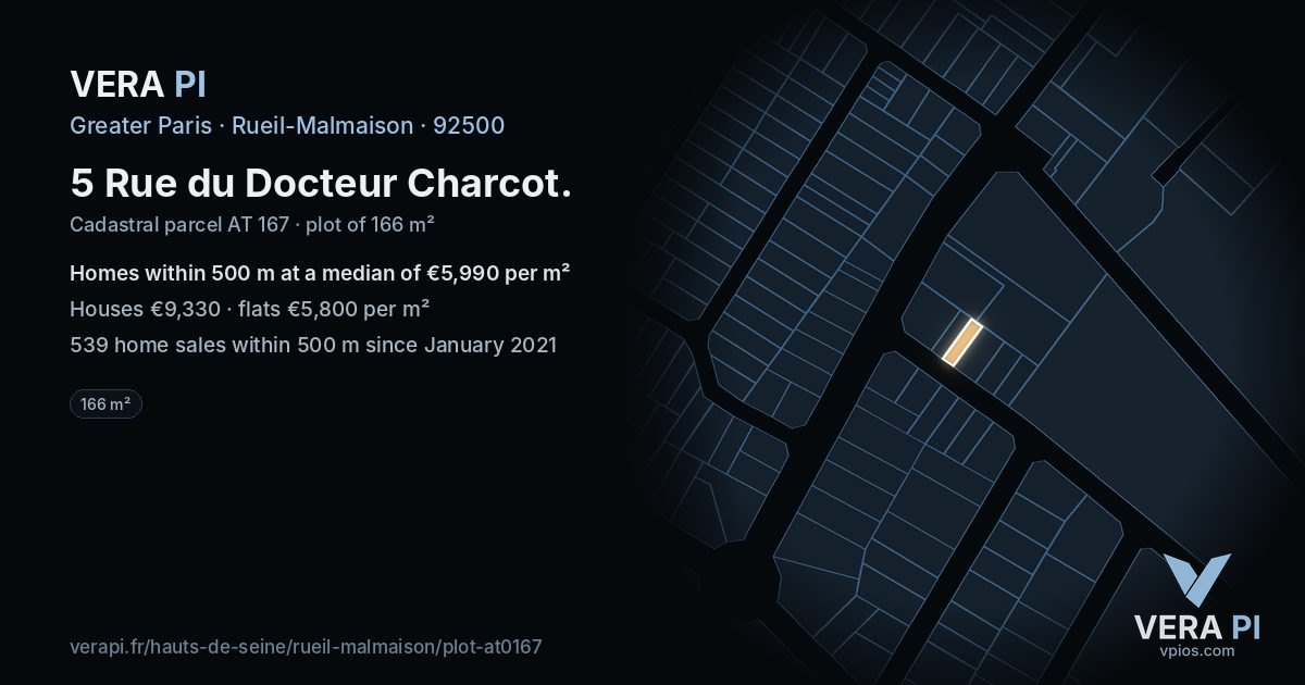 5 Rue du Docteur Charcot, Rueil-Malmaison at night – the plot lit, the parcels around coloured by the prices near them