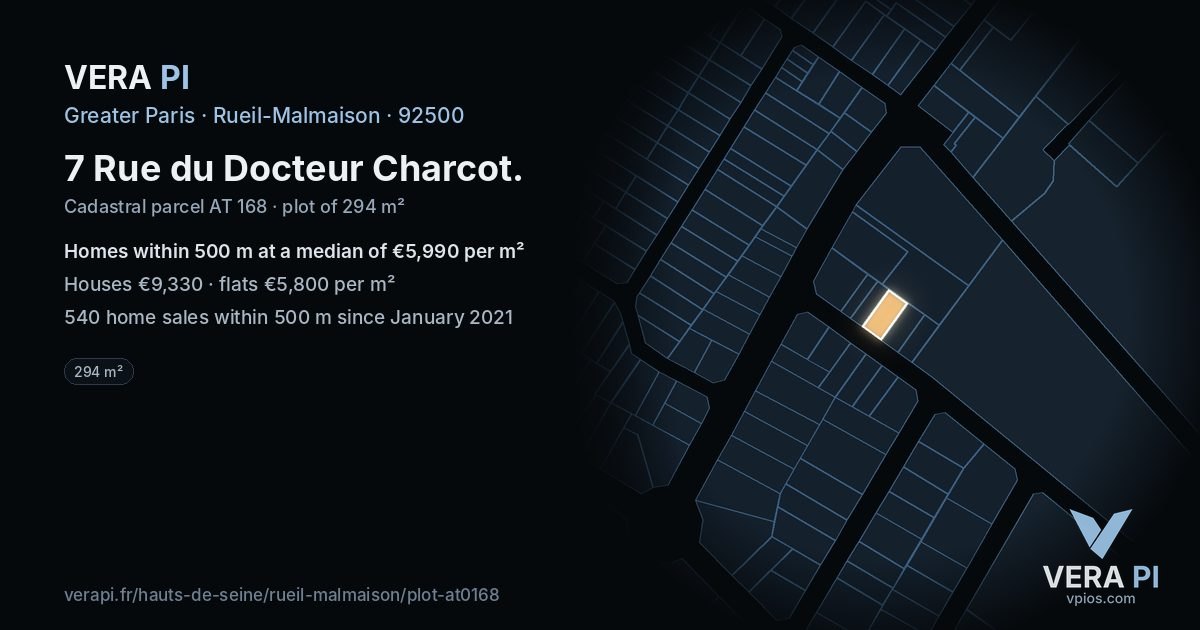 7 Rue du Docteur Charcot, Rueil-Malmaison at night – the plot lit, the parcels around coloured by the prices near them