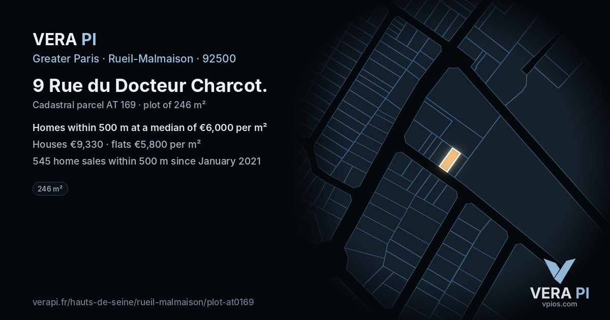 9 Rue du Docteur Charcot, Rueil-Malmaison at night – the plot lit, the parcels around coloured by the prices near them