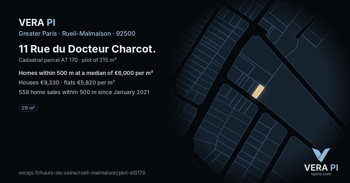 11 Rue du Docteur Charcot, Rueil-Malmaison at night – the plot lit, the parcels around coloured by the prices near them