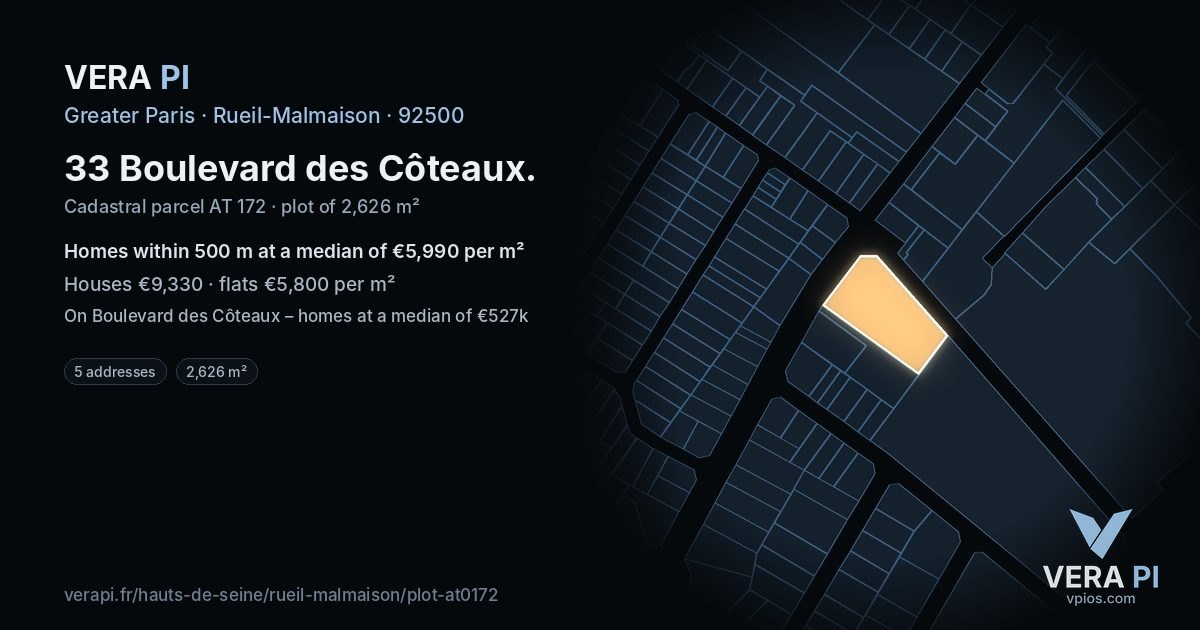 33 Boulevard des Côteaux, Rueil-Malmaison at night – the plot lit, the parcels around coloured by the prices near them