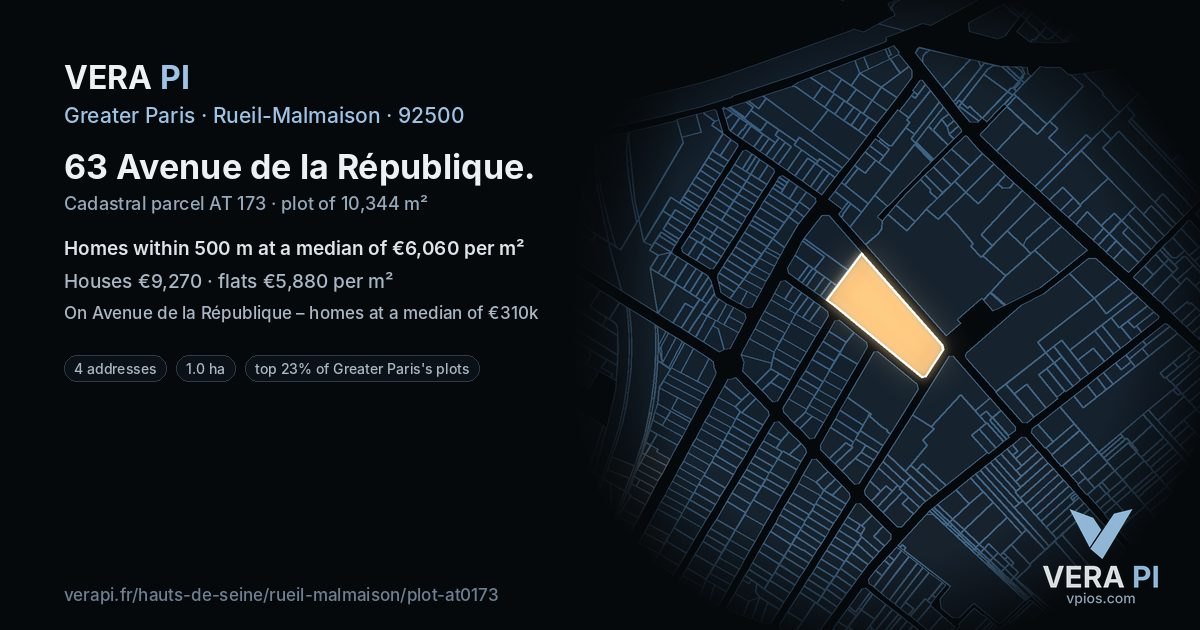 63 Avenue de la République, Rueil-Malmaison at night – the plot lit, the parcels around coloured by the prices near them