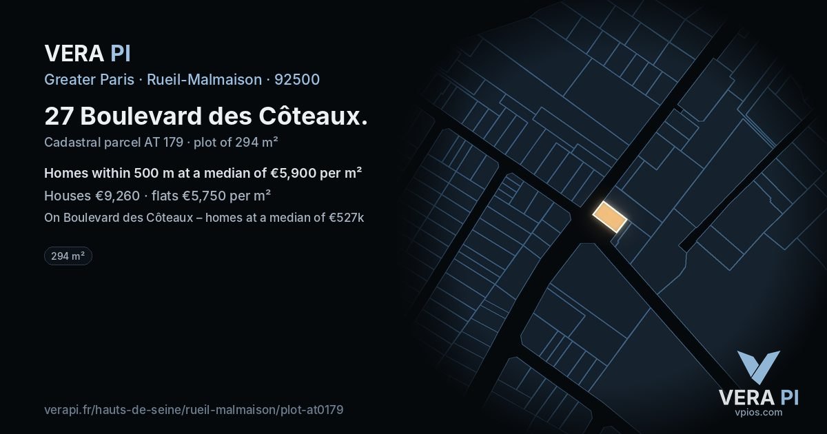 27 Boulevard des Côteaux, Rueil-Malmaison at night – the plot lit, the parcels around coloured by the prices near them