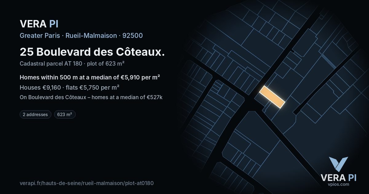 25 Boulevard des Côteaux, Rueil-Malmaison at night – the plot lit, the parcels around coloured by the prices near them