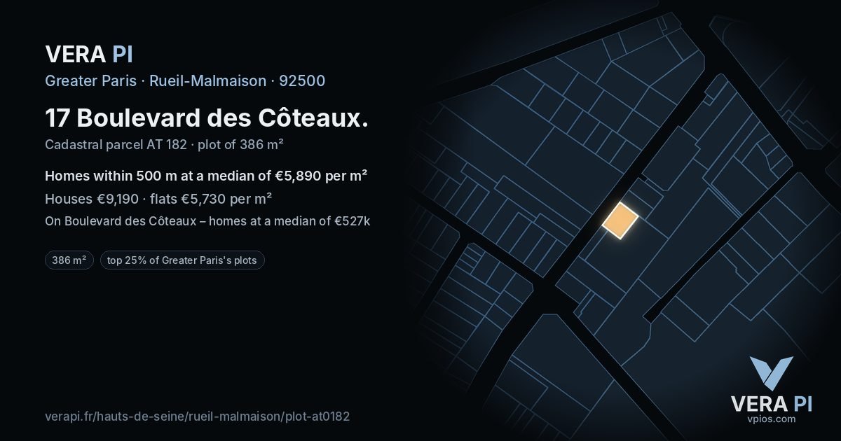 17 Boulevard des Côteaux, Rueil-Malmaison at night – the plot lit, the parcels around coloured by the prices near them