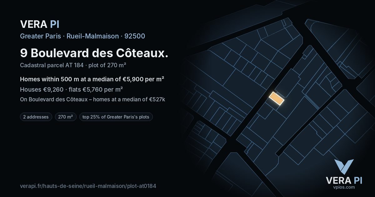 9 Boulevard des Côteaux, Rueil-Malmaison at night – the plot lit, the parcels around coloured by the prices near them