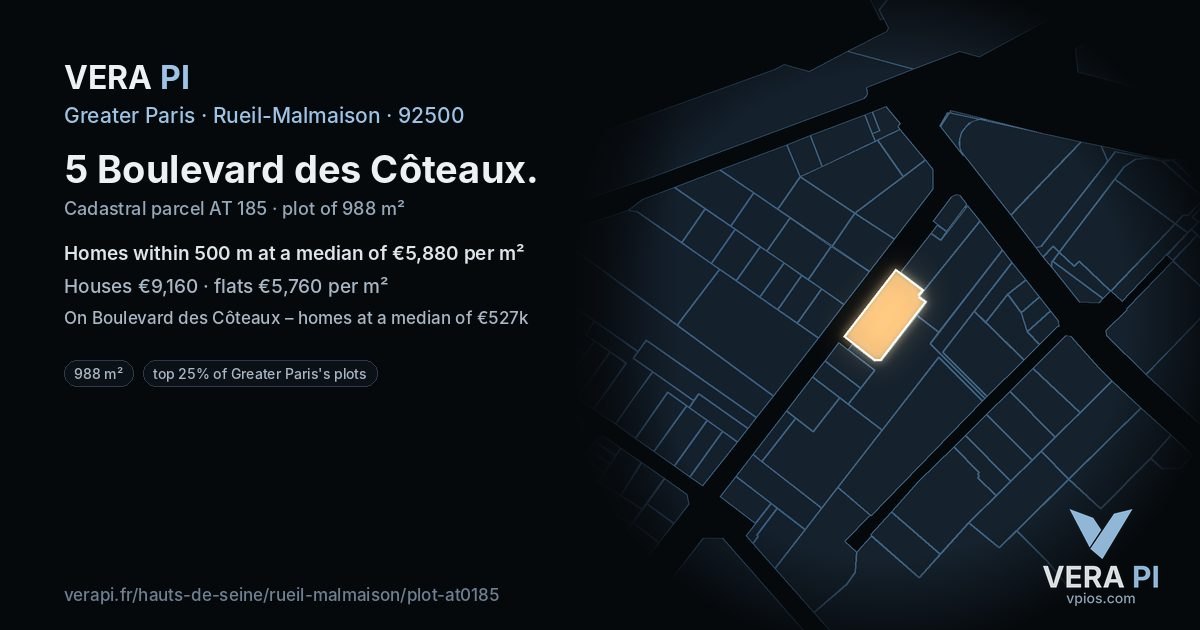 5 Boulevard des Côteaux, Rueil-Malmaison at night – the plot lit, the parcels around coloured by the prices near them
