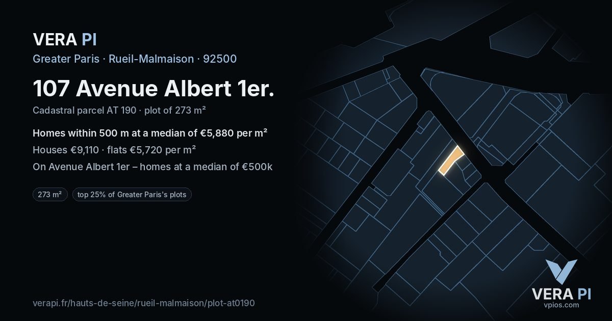107 Avenue Albert 1er, Rueil-Malmaison at night – the plot lit, the parcels around coloured by the prices near them