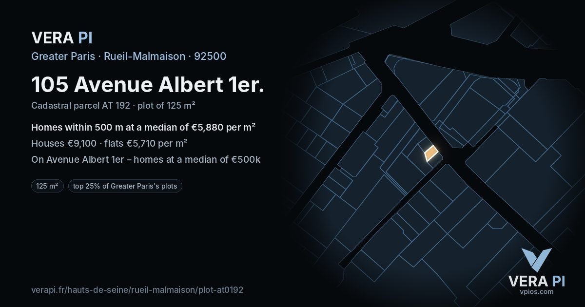 105 Avenue Albert 1er, Rueil-Malmaison at night – the plot lit, the parcels around coloured by the prices near them
