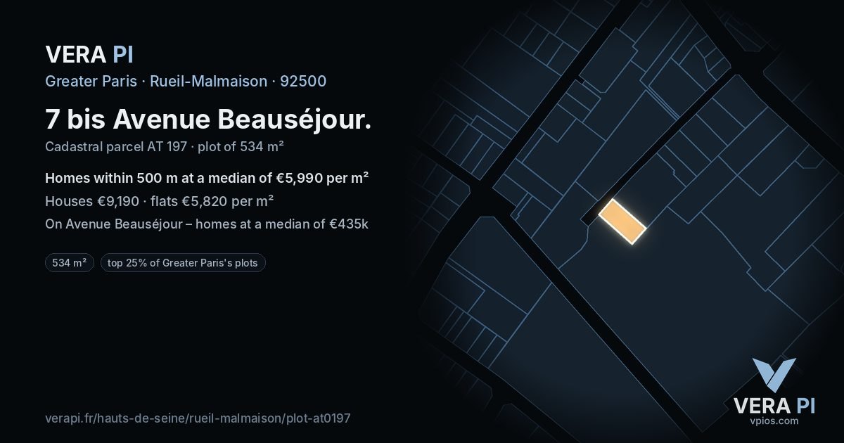 7 bis Avenue Beauséjour, Rueil-Malmaison at night – the plot lit, the parcels around coloured by the prices near them