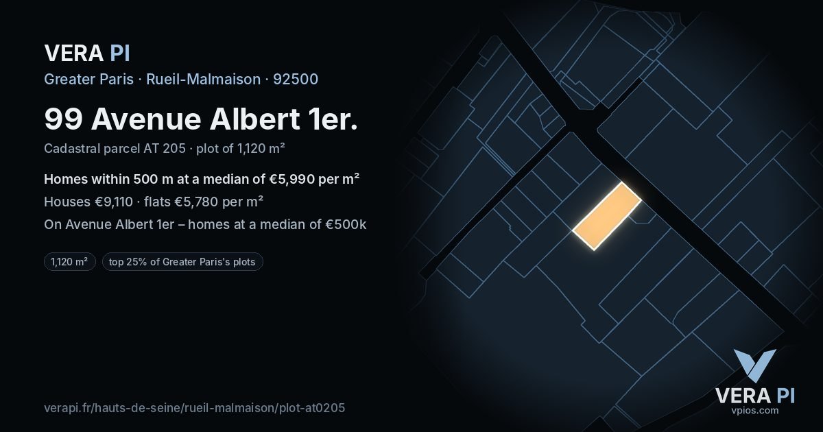99 Avenue Albert 1er, Rueil-Malmaison at night – the plot lit, the parcels around coloured by the prices near them