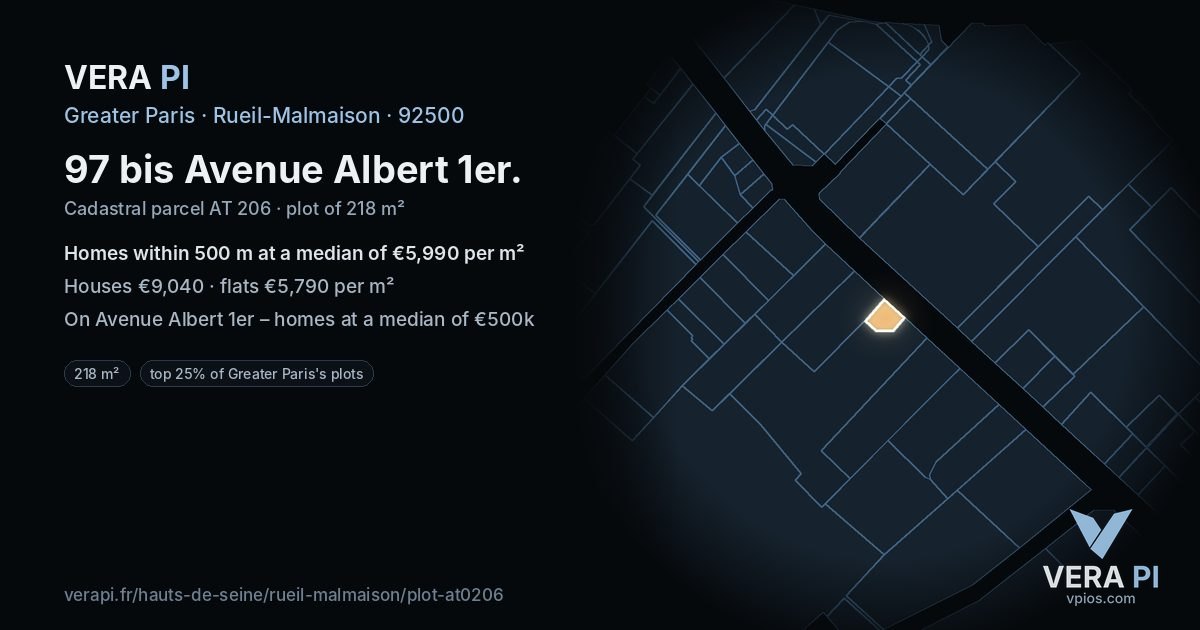 97 bis Avenue Albert 1er, Rueil-Malmaison at night – the plot lit, the parcels around coloured by the prices near them