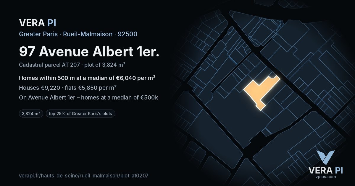 97 Avenue Albert 1er, Rueil-Malmaison at night – the plot lit, the parcels around coloured by the prices near them